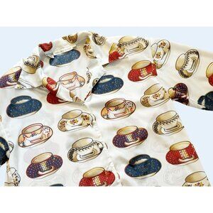 Vintage CARLIE'S COURT 90s Tea Cup Print Silky Full Button Blouse Sz M